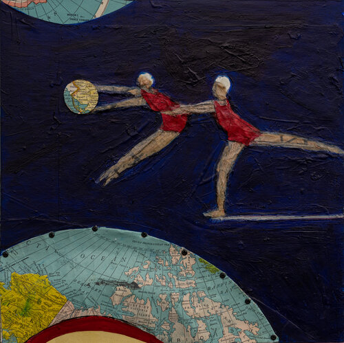 mixed media whimsical painting of two swimmers on a diving board