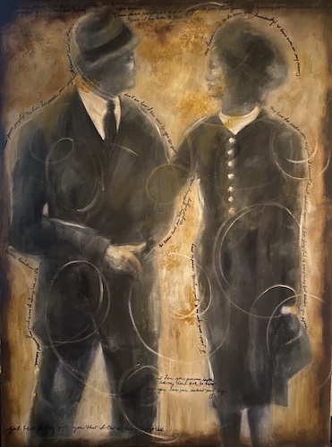 oil painting of a vintage photo of an engaged couple