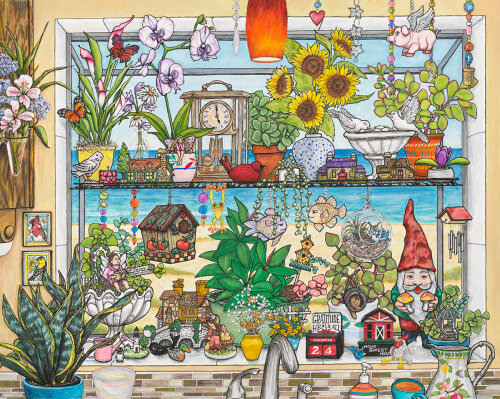 Whimsical illustration of a window filled with plants