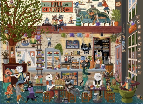 whimsical puzzle design of a Cat Cafe by Cindy Jackson