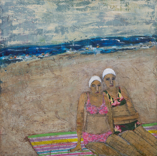Mixed media painting of two swimmers at the beach by Dobee Snowber