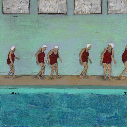 Mixed media painting of swimmers at a pool by Dobee Snowber