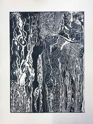 black and white woodcut by printmaker Carol Morrison