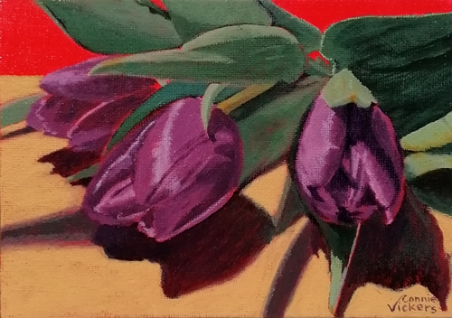 painting of purple tulips by Connie Vickers