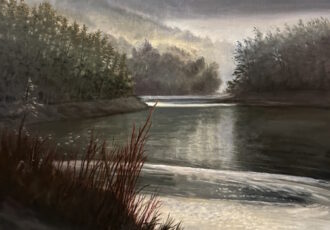 Lake landscape in oil by artist Sherry Mason