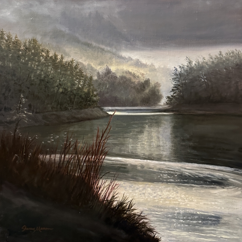 Lake landscape in oil by artist Sherry Mason