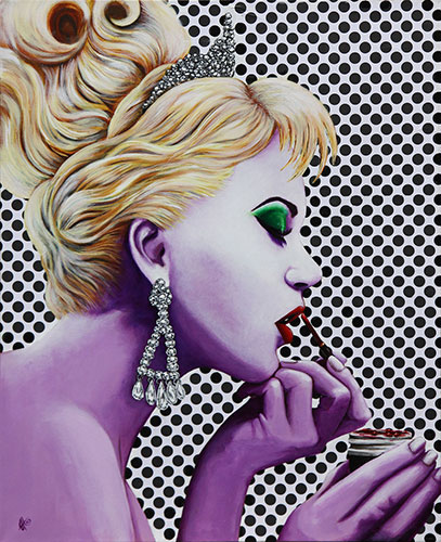 Painting of a woman applying lipstick by Jennifer Holstrom