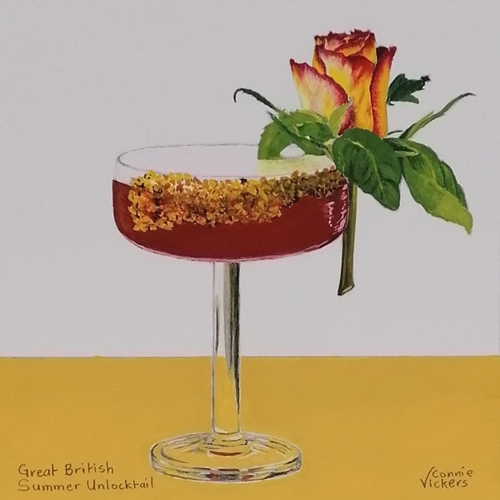 Whimsical painting of a cocktail by Connie Vickers
