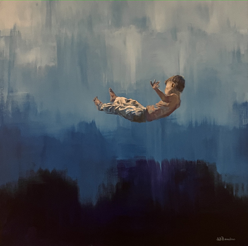 Oil painting of a child rising in the air by Sherie Harkins