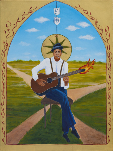 Fantasy painting of a saint playing guitar by Cheryl Grace