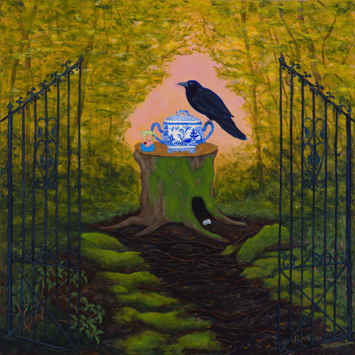 Painting of a crow and teapot in a garden setting by Cheryl Grace