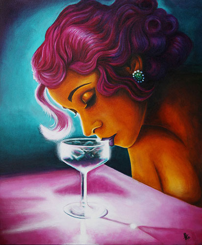 Painting of a woman drinking a cocktail by Jennifer Holstrom