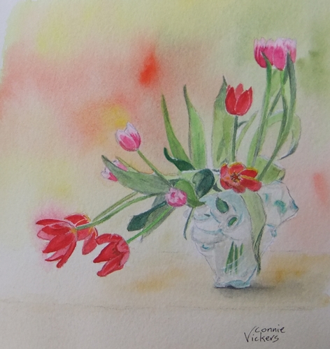 watercolor painting of a vase of flowers by Connie Vickers