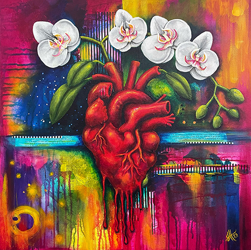 Painting of a colorful heart with flowers by Jennifer Holstrom