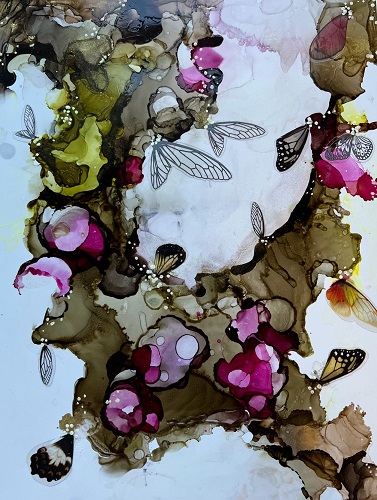 Abstract alcohol painting with butterflies by Chrissa Star