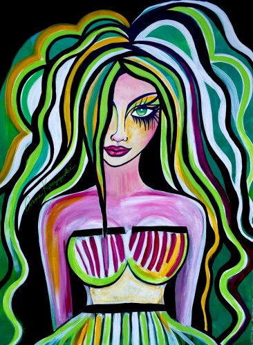 Whimsical painting of a woman with wild hair