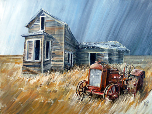 Painting of an old farmhouse and tractor by Gregory Peters