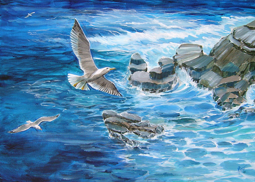 Pacific coast with rocks and birds by Gregory Peters