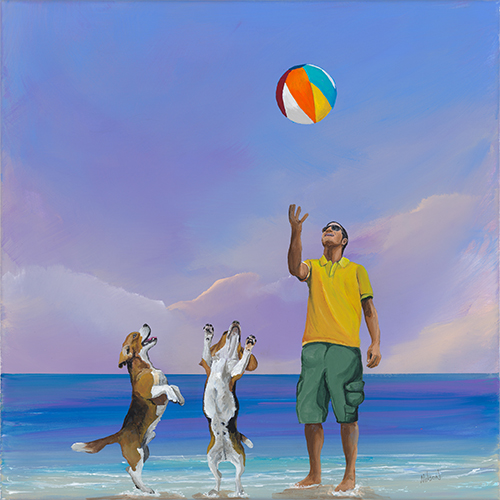 painting of a man and two dogs on the beach by Daniel Nelson
