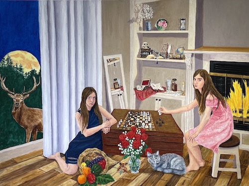 Narrative painting of two girls in a room