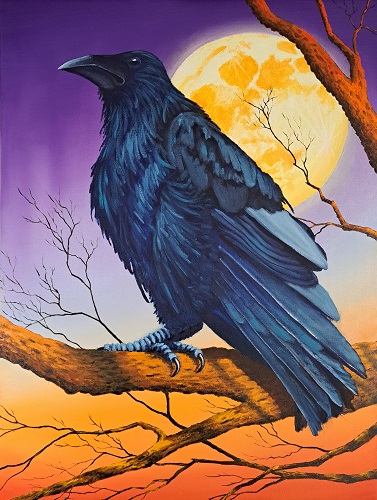 Oil painting Raven perched on a branch under a full moon