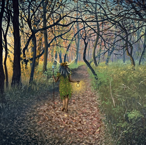 painting of a mythical character in the woods 