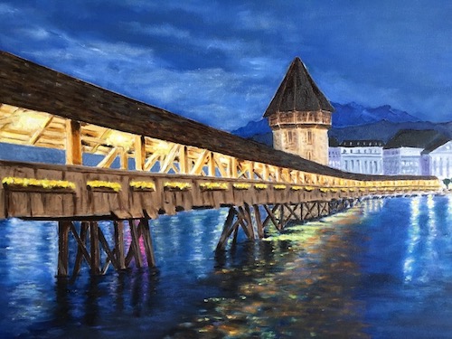 oil painting of a night scene on a pier