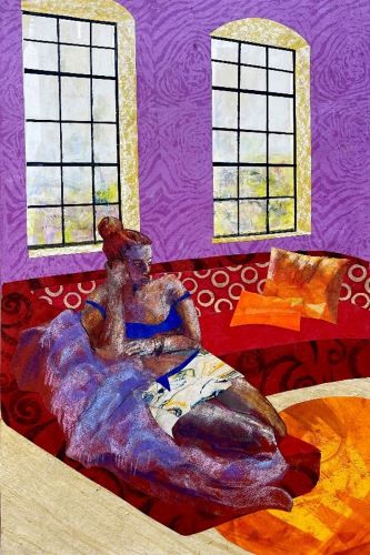 Mixed media collage figure in interior scene