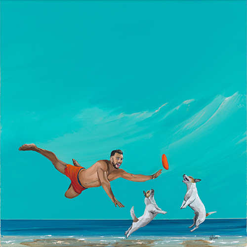 Painting of a man and dogs playing frisbee by Daniel Nelson