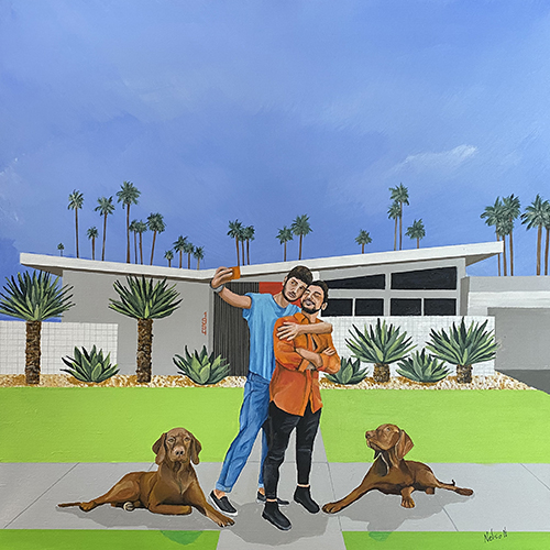 Oil painting of two men with dogs by Daniel Nelson