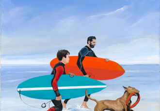 painting of surfers and a dog by Daniel Nelson