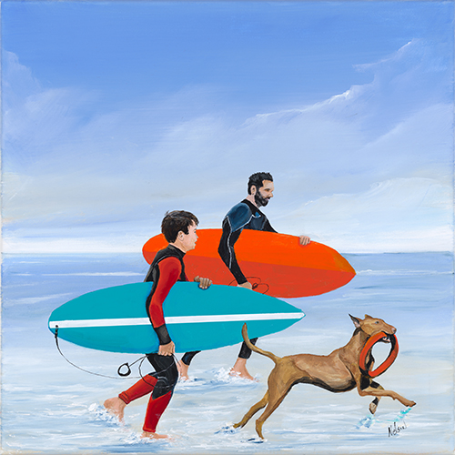 painting of surfers and a dog by Daniel Nelson