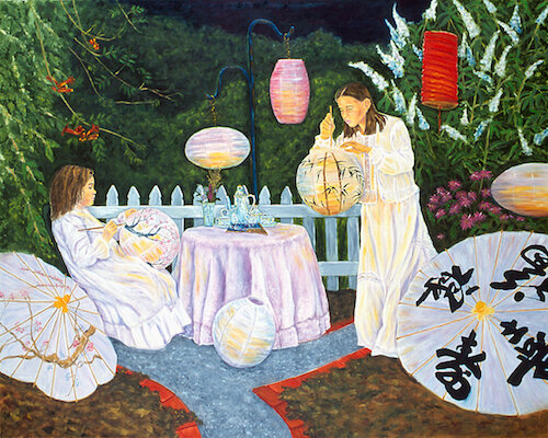 Painting of two girls having tea