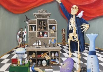 painting of toys and a skeleton in a play room