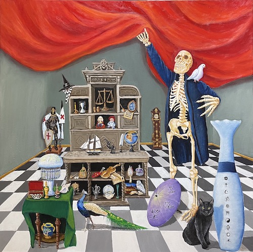 painting of toys and a skeleton in a play room