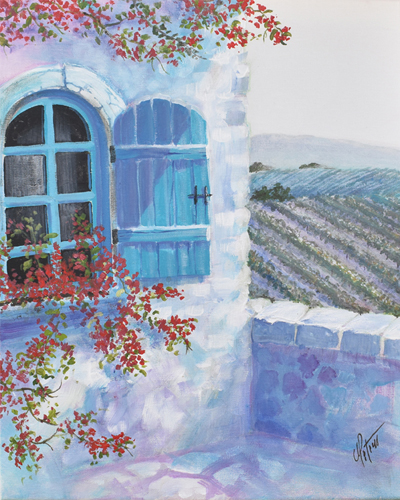 Painting of a window over a vineyard in morning light by Gregory Peters