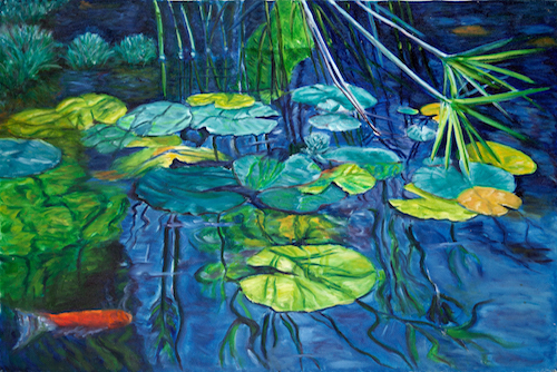 oil painting of a pond with waterlilies