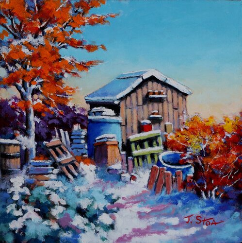 painting of a rural winter scene by John Stoa