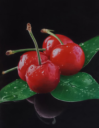 realistic colored pencil drawing of cherries