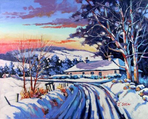 Painting of rural winter landscape in Scotland