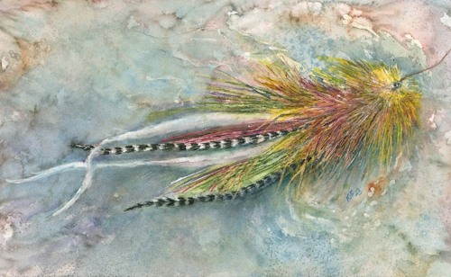 watercolor painting of a fishing fly