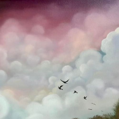 Oil painting of clouds and birds in flight