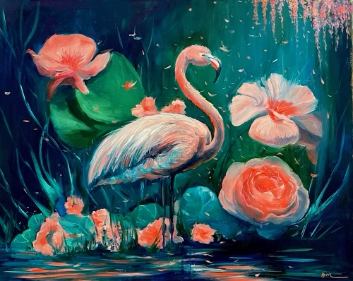 painting of a flamingo and flowers by Ying McLane