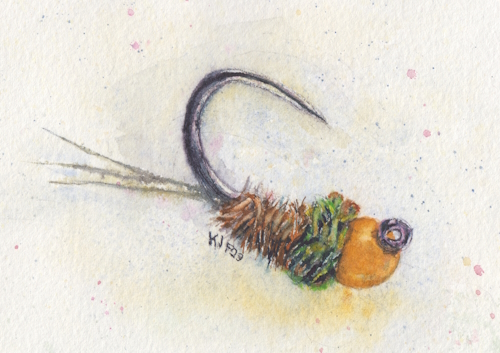 watercolor painting of a fishing fly