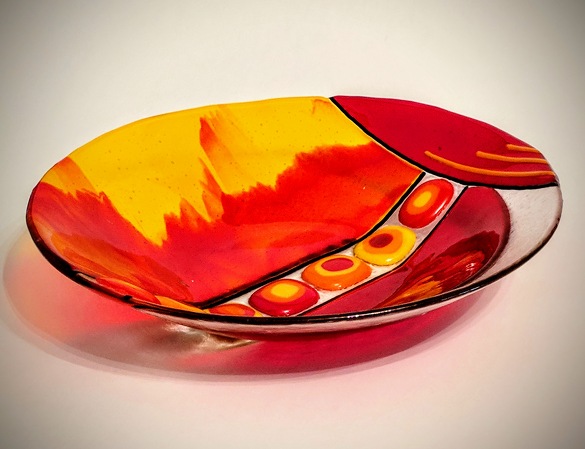 Volcano themed kiln formed glass bowl by Katherine Berg