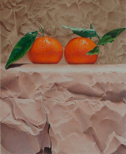 photorealistic colored pencil drawing of oranges