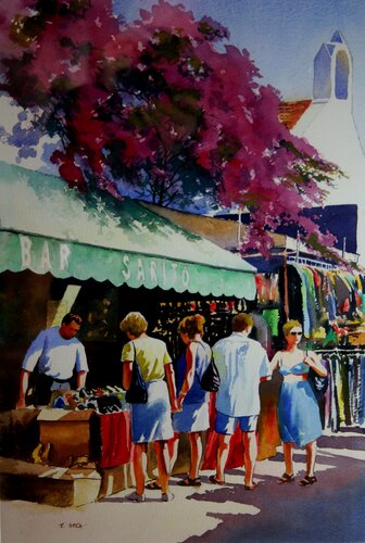 Watercolor painting of marketplace scene