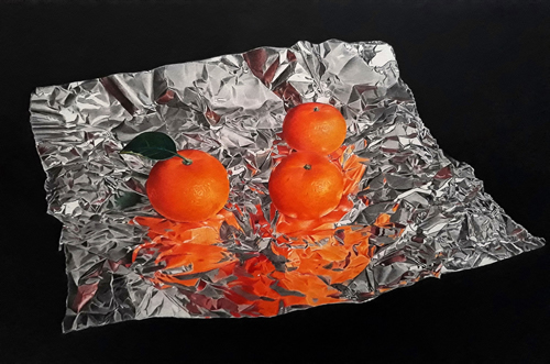 colored pencil drawing of oranges and reflective foil