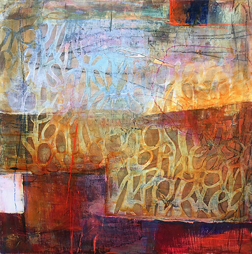 Bold abstract painting with letters by Roann Mathias