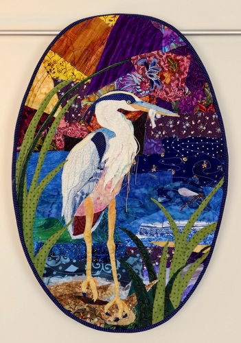 art quilt collage of a heron